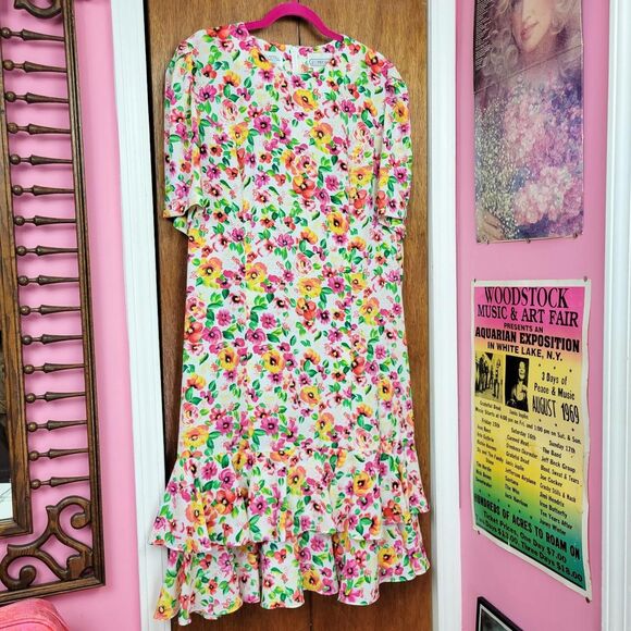 Vintage 80s Bright Floral Print Drop Waist Dress - Picture 5 of 8